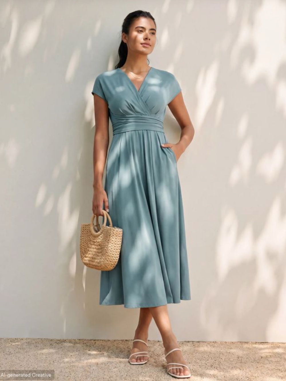 NWT HALARA Breezeful V-Neck Midi Preppy Dress,Stone Blue,TIE Back, Quick Dry XL